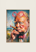 Malerisk kunstplakat av Winston Churchill med sigar og runde briller i et uttrykksfullt, fargerikt portrett