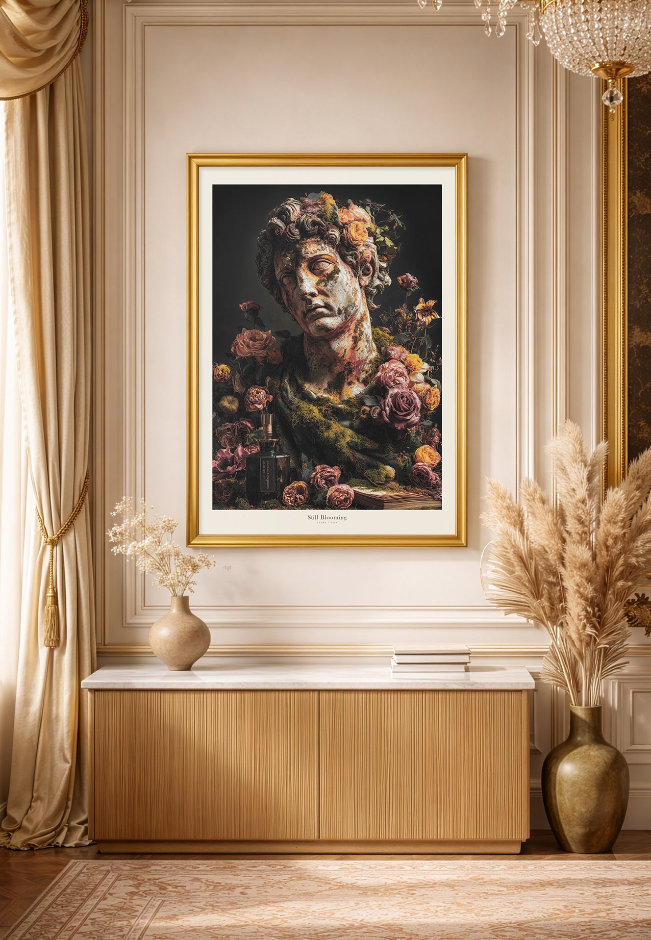 Still Blooming, marmorstatue med blomster | Plakat