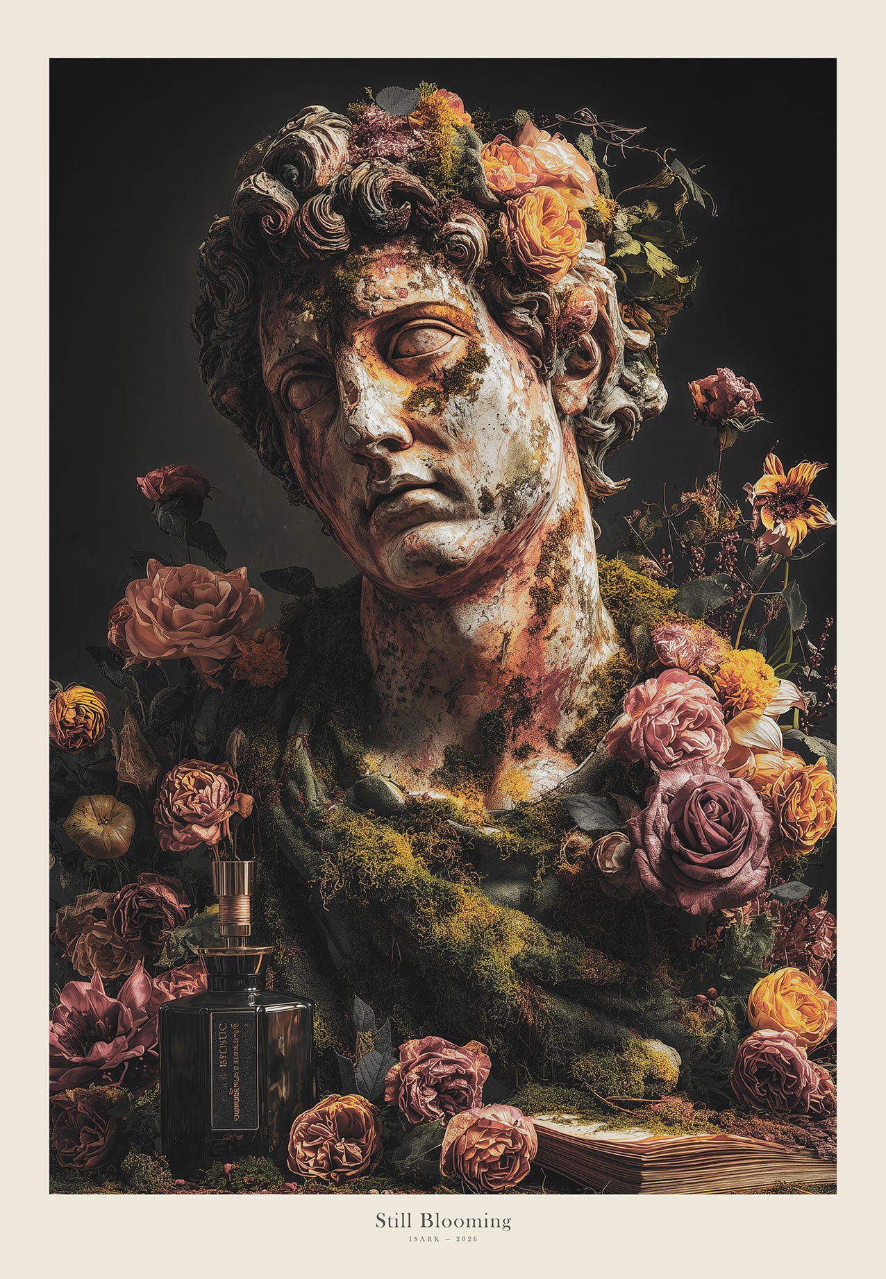 Still Blooming, marmorstatue med blomster | Plakat