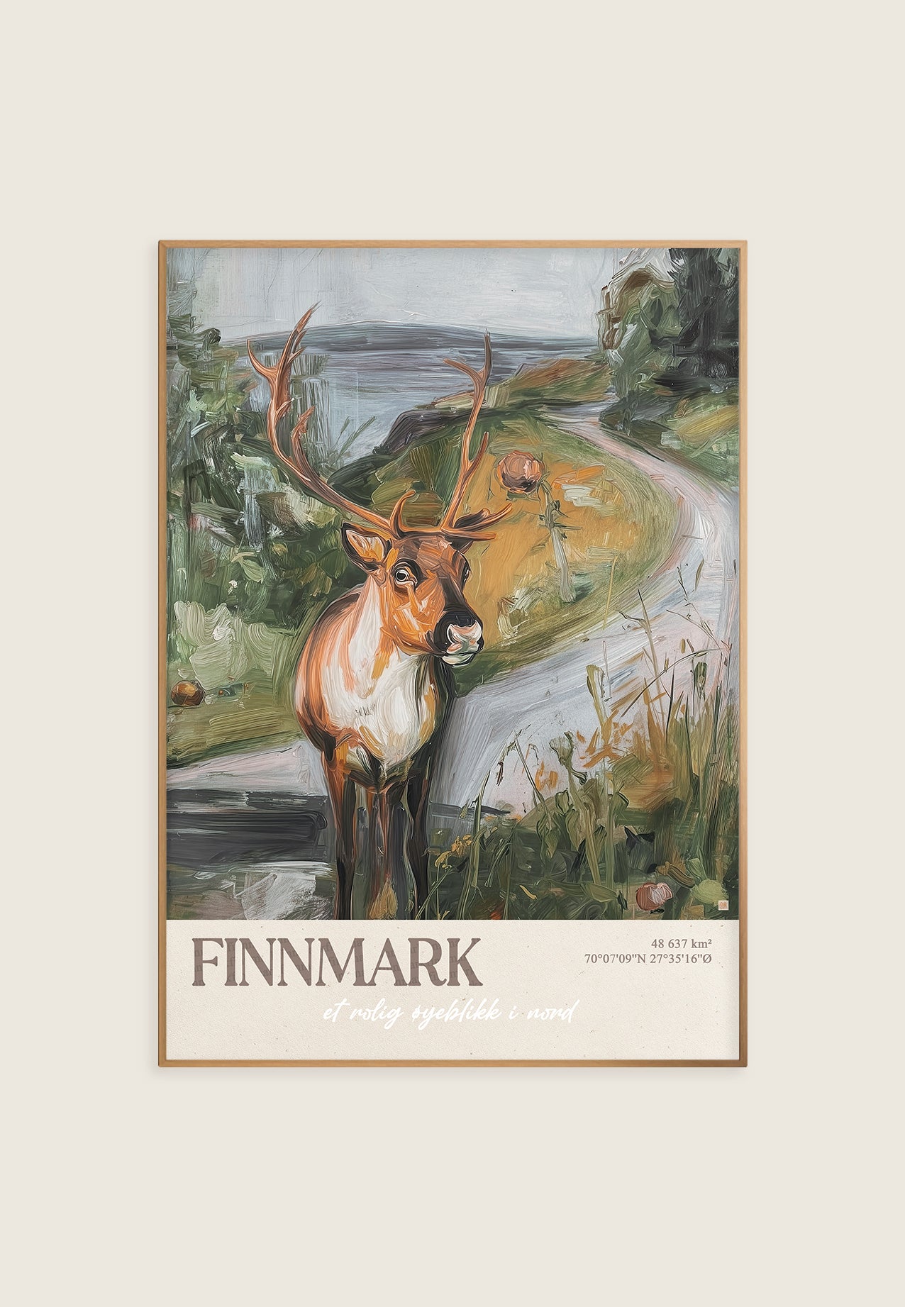 Kunstplakat av Finnmark med reinsdyr, vei og nordnorsk landskap i dempede grønne og grå naturtoner