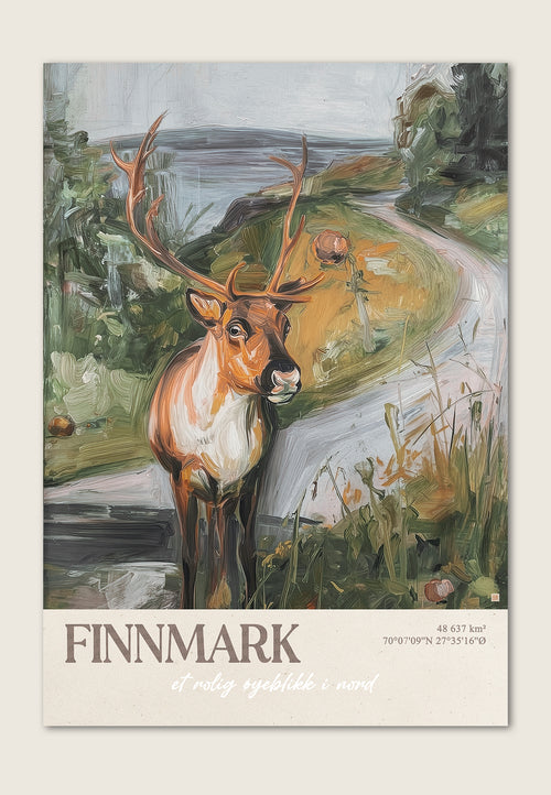 Kunstplakat av Finnmark med reinsdyr, vei og nordnorsk landskap i dempede grønne og grå naturtoner. Av ISARK