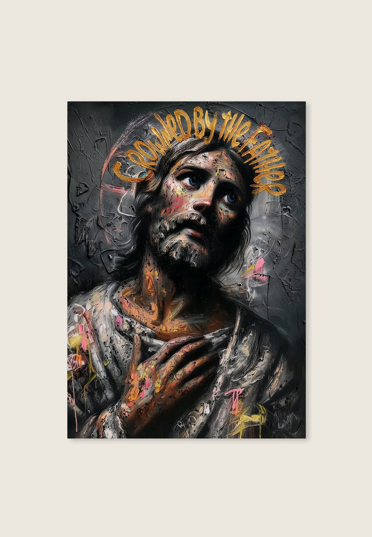 Crowned by the Father kunstplakat med Jesus Kristus motiv i mørk street art-stil.