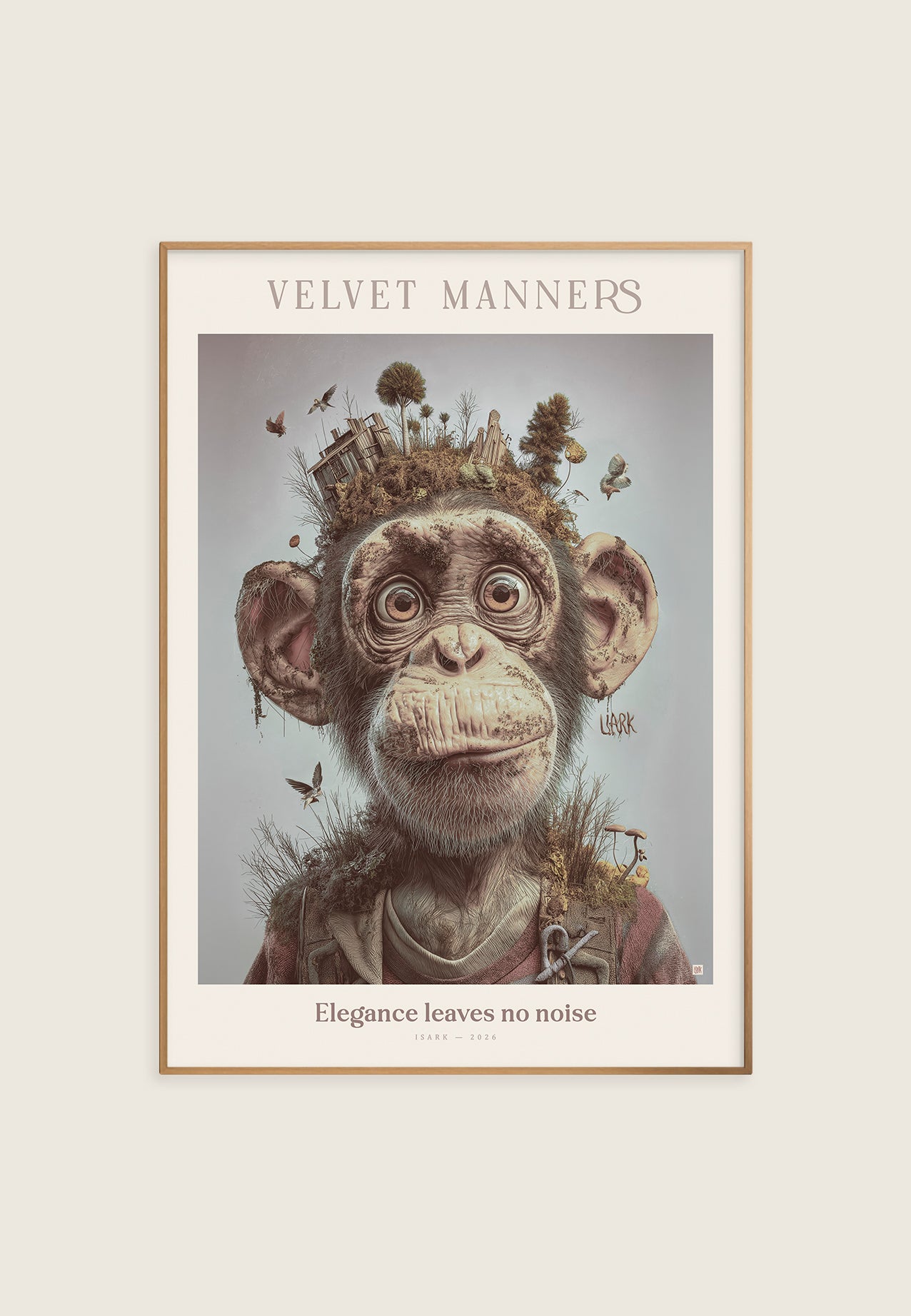 Velvet Manners plakat med apeportrett i vintage stil og rolig luksuriøst uttrykk