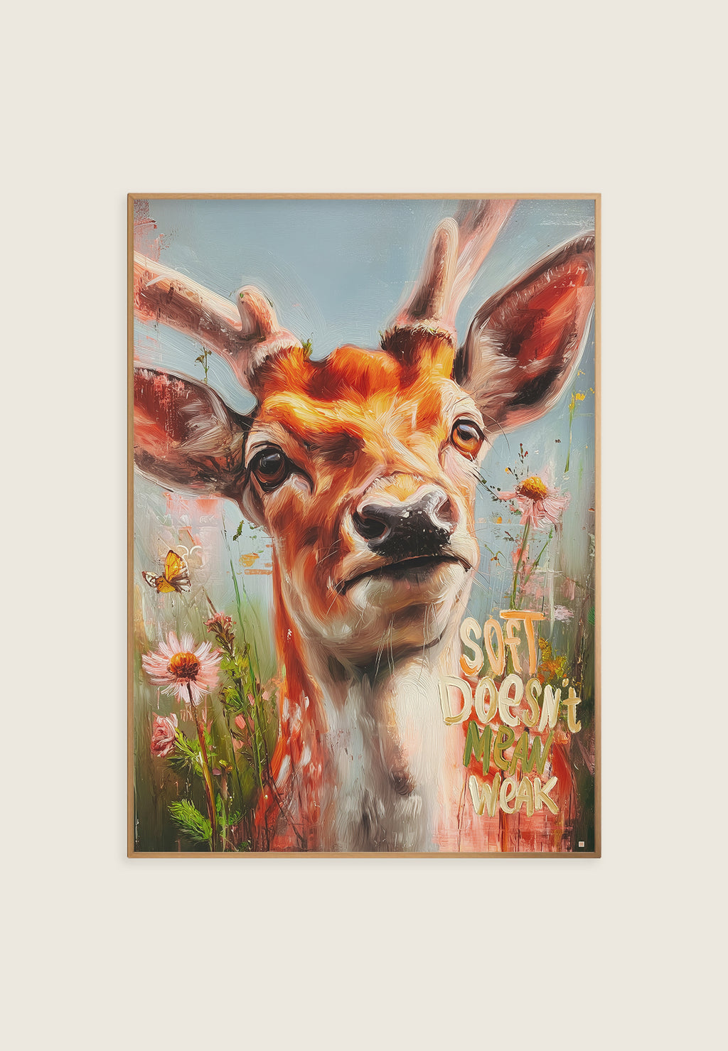 Kunstplakat av rådyr med blomster og teksten Soft Doesn’t Mean Weak i street art-stil