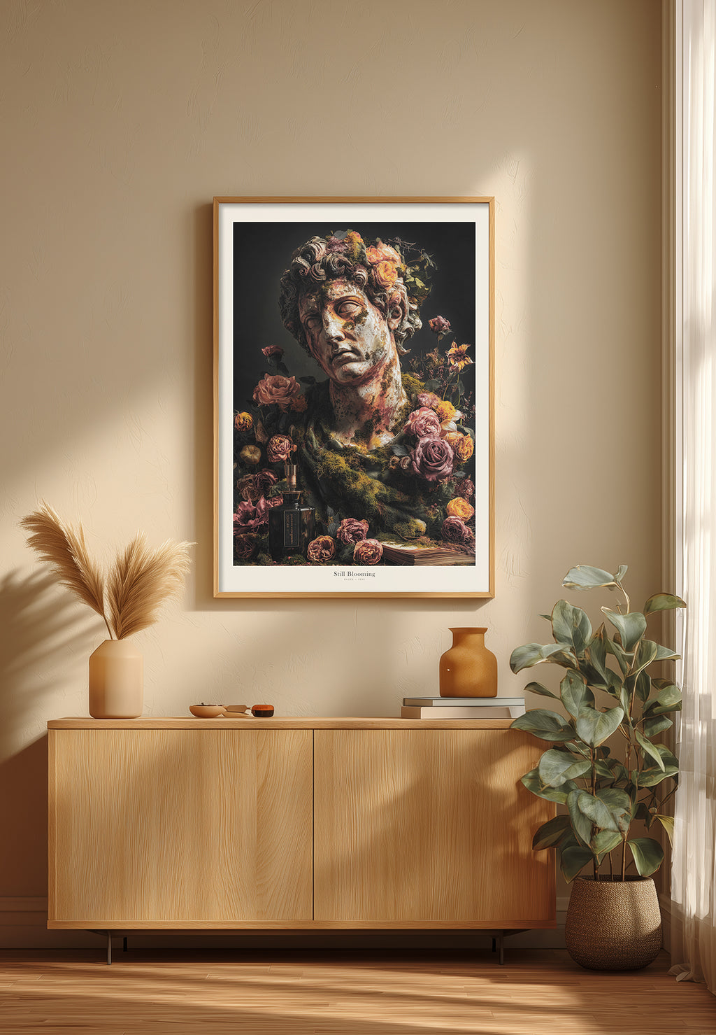 Still Blooming, marmorstatue med blomster | Plakat