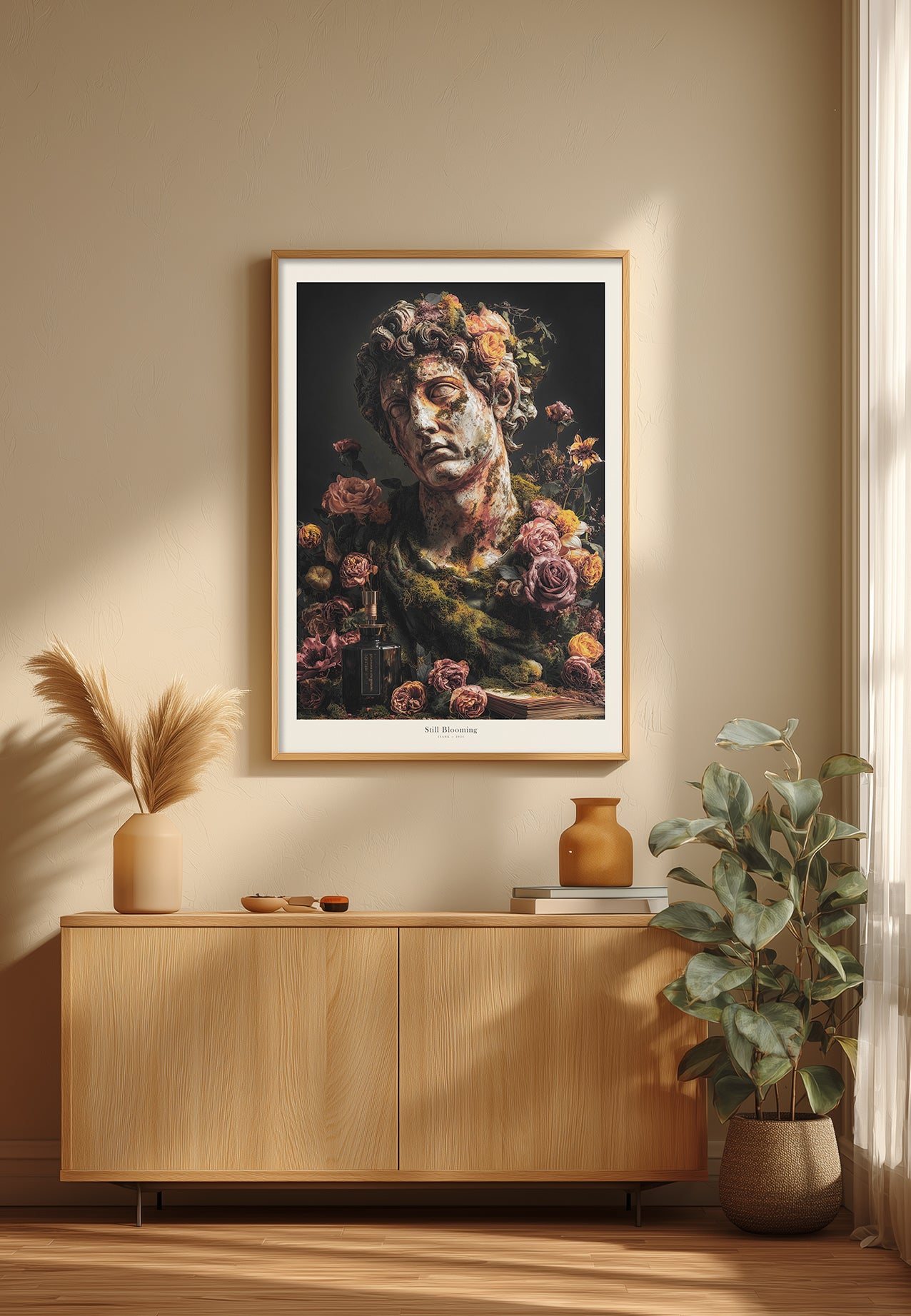 Still Blooming, marmorstatue med blomster | Plakat